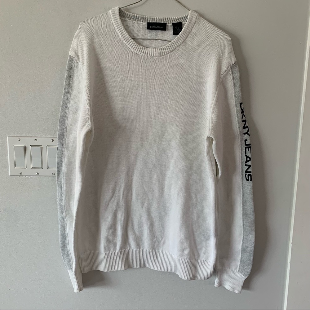 DKNK Jeans Cotton White Mens Medium Sweater M Spell out Sleeve